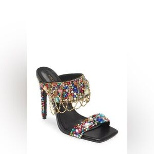 NWT Azalea Wang Camp Rhinestone Chain Heels – Multicolor Statement Sandals
